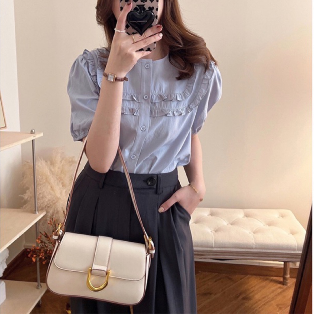 Bh เสื้อเชิ้ตแขนพัฟ คอตุ๊กตา แขนสั้น ทรงหลวม สไตล์เกาหลี ฝรั่งเศส สําหรับผู้หญิง