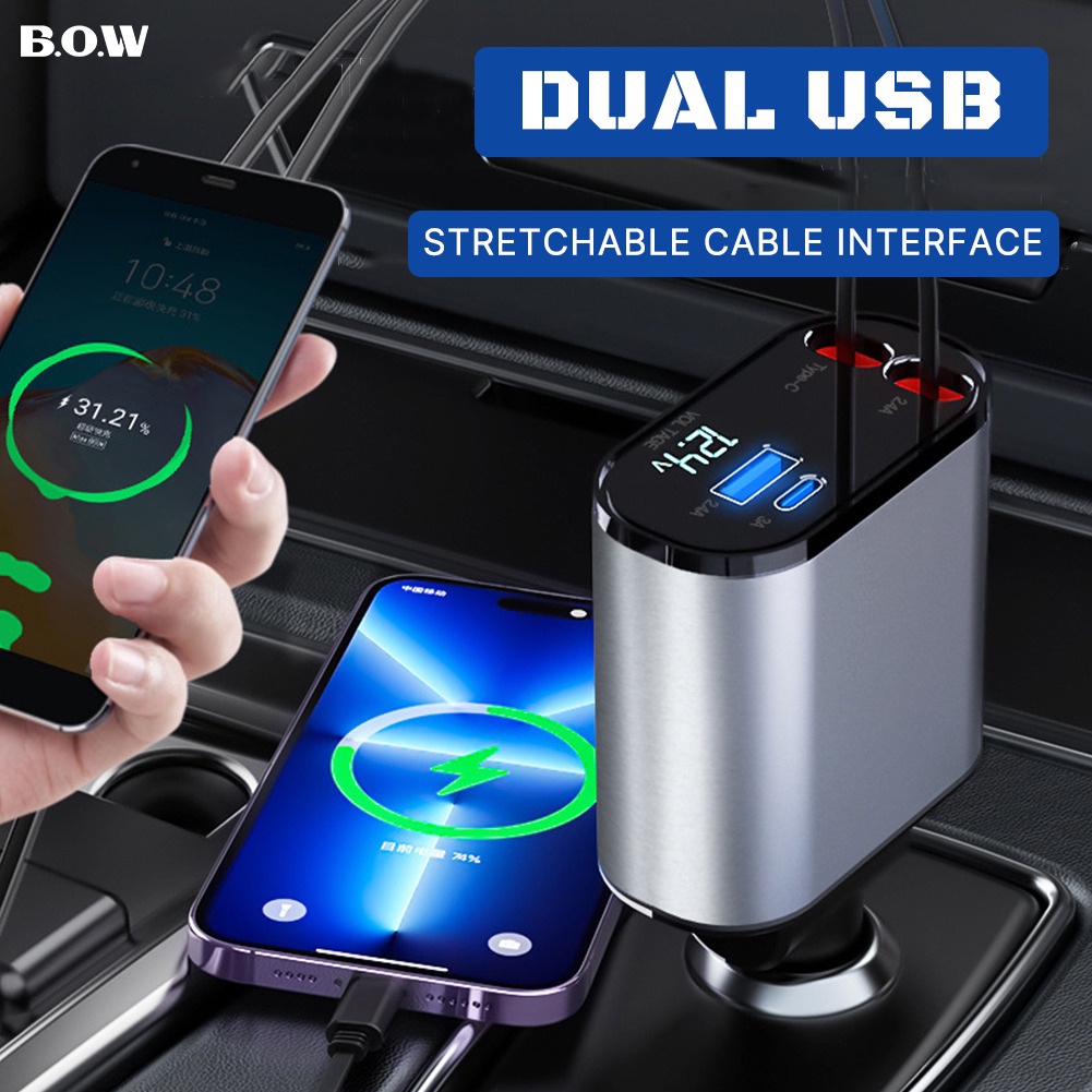 Bow 100W Dual USB Super Fast Car Charger 4 in 1 USB Car Charge Scalable Cable Interface อุปกรณ์รถอะแ