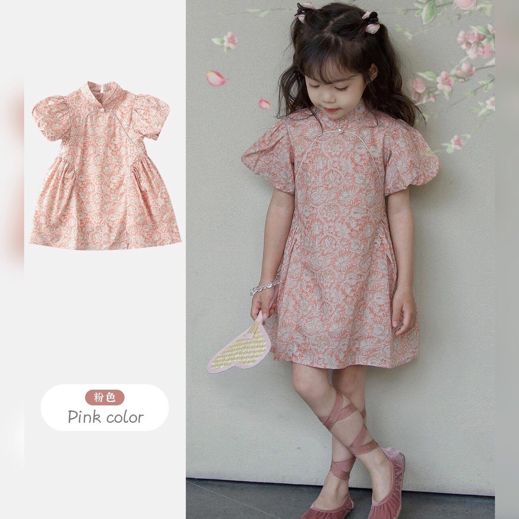 PRETTY BABY พร้อมส่ง ชุดเดรสเด็กผู้หญิง แขนตุ๊กตา ลายดอกไม้ สำหรับเด็ก (1023)