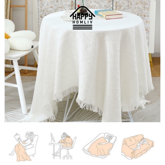 Happy HOMLIV [Multifunctional] ผ้าปูโต๊ะฝรั่งเศสผ้าฝ้าย ผ้าคลุมเฟอร์นิเจอร์ลินินสีขาวสำหรับโต๊ะกาแฟ โซฟา ผ้าเช็ดตัว
