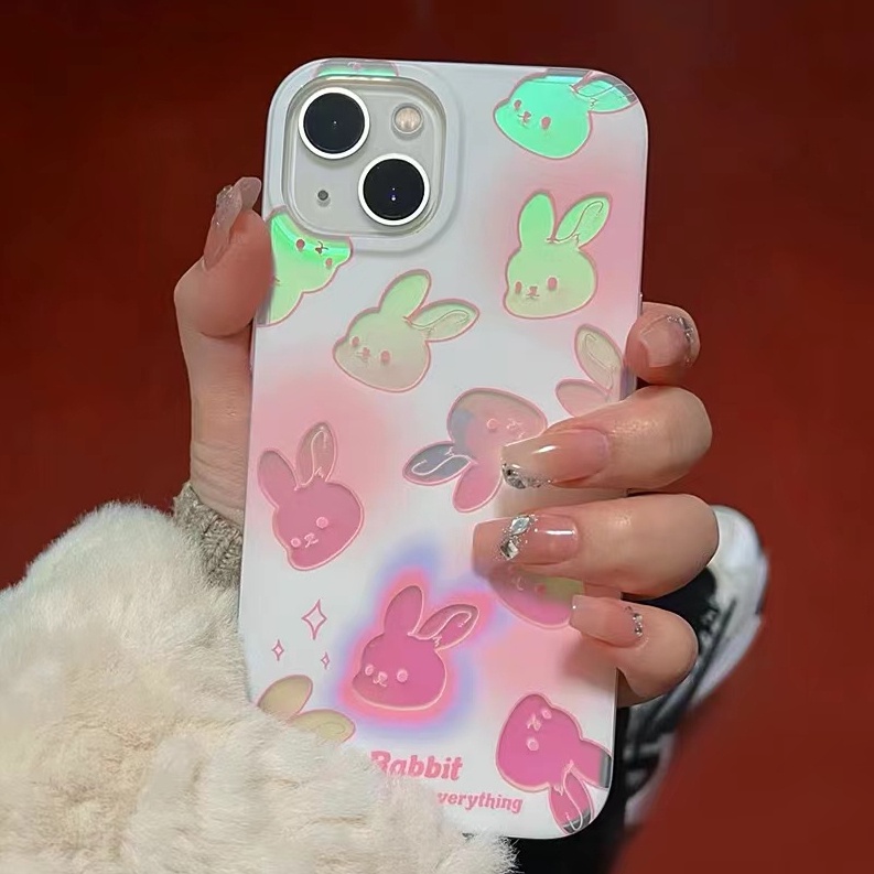 จัดส่งทันที เคสไอโฟน11/12/13/14/15 Pro max ซิลิก้าเจล เคสเลเซอร์ cute pink bunny Case For iPhone 11,12,13,14,14PM
