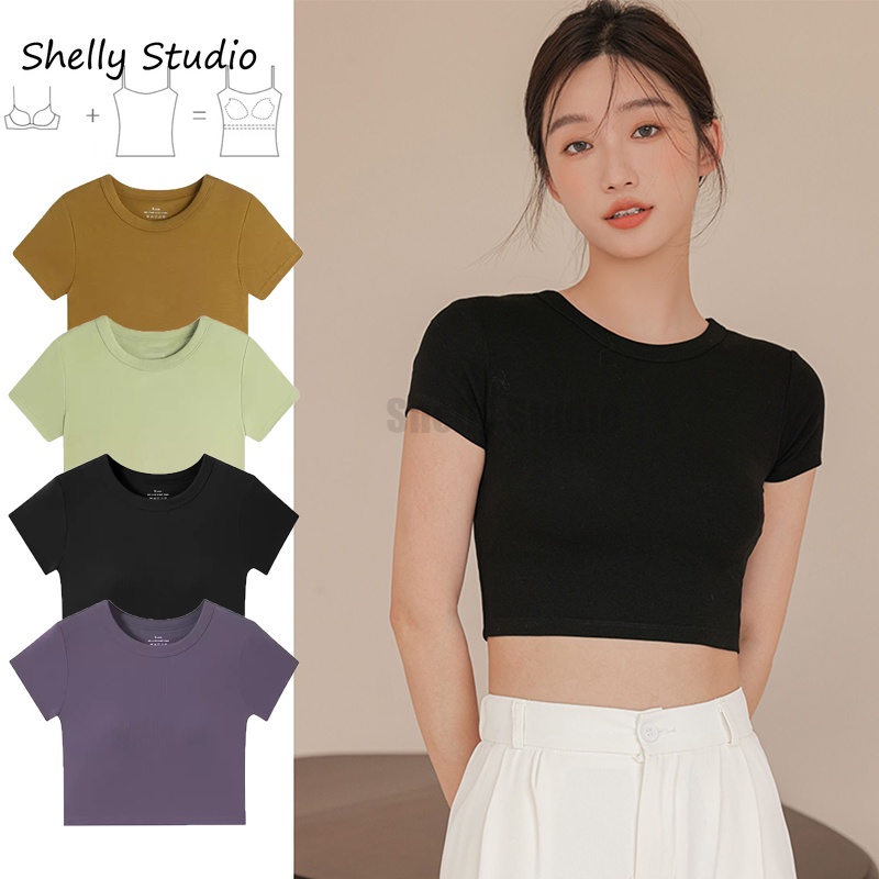 2 in 1 เสื้อยืดครอปท็อป คอกลม แขนสั้น กางเกงขาสั้น สําหรับผู้หญิง