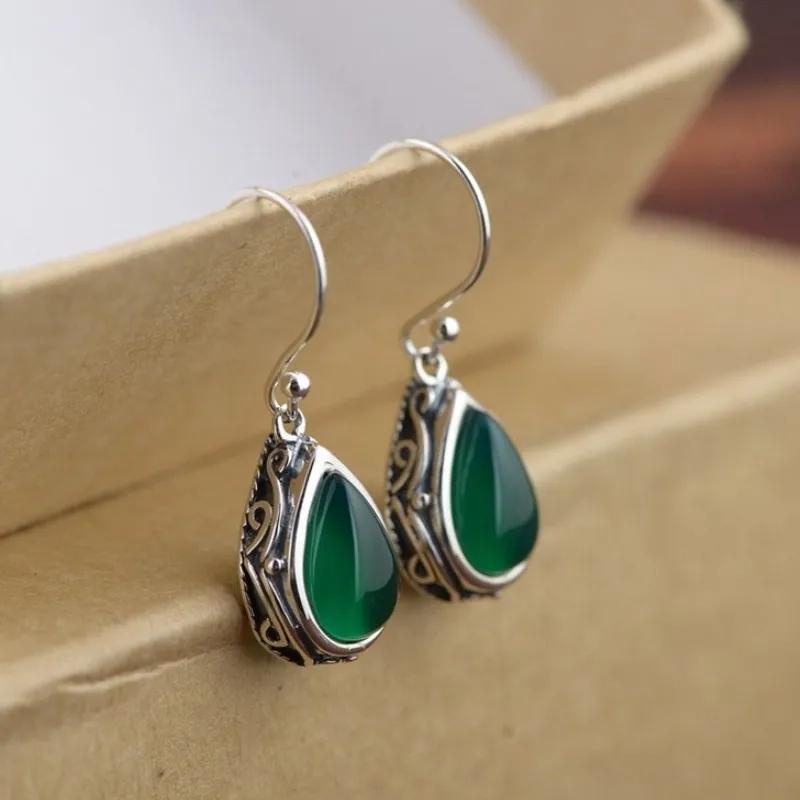 925 เงินสเตอร์ลิง Waterdrop สีแดง/สีเขียวหิน Dangle ต่างหูผู้หญิงออกแบบใหม่ Vintage Silver สีหญิงสวมใส่ทุกวัน 2023 เครื่องประดับ
