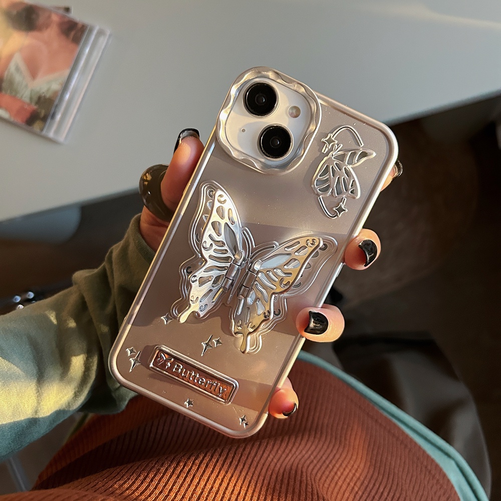 เคสโทรศัพท์มือถือ กันกระแทก ลายผีเสื้อ 3D สีขาว ม่วง แวววาว สําหรับ iPhone 15 ProMax 15 14 ProMax 14 13 ProMax 12 ProMax