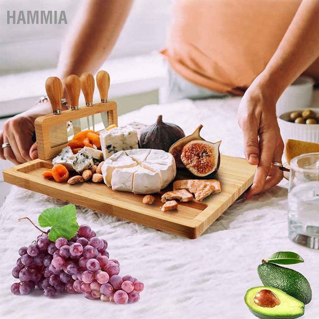 กระดานชีส กระดาน Charcuterie ไม้ไผ่ สี่เหลี่ยม 3 พื้นที่แยก ทำความสะอาดง่าย กระดานครัวไร้กลิ่นพร้อมมีด HAMMIA