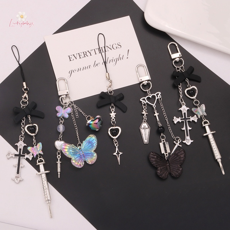 Luckybabys> พวงกุญแจ จี้ไม้กางเขน ผีเสื้อ หวานแหวว สร้างสรรค์ โซ่แขวนหูฟัง เคสตกแต่ง กระเป๋า Ch ใหม่