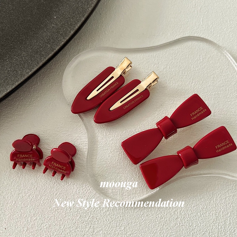 Moouga กิ๊บติดผมหน้าม้า ขนาดเล็ก สไตล์เกาหลี เรโทร สีไวน์แดง