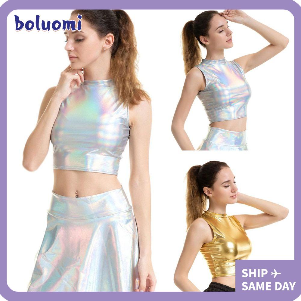 Boluomi Bralette เสื้อครอปท็อป แขนกุด หนังเทียม แวววาว บาง สั้น สําหรับผู้หญิง