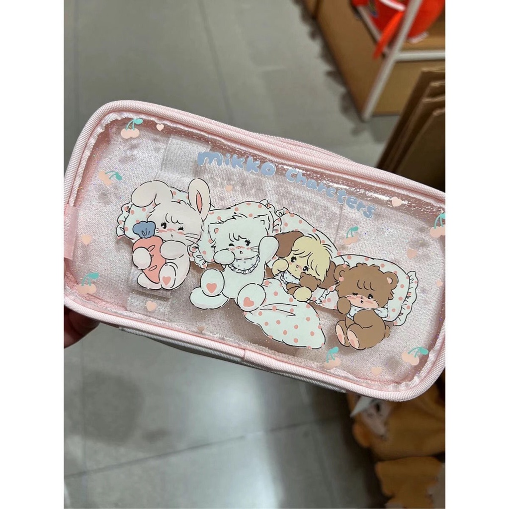 กระเป๋าดินสอ หนัง PU แบบใส แต่งกลิตเตอร์ ลายเชอร์รี่ แซนวิชน่ารัก แต่งซิปสองชั้น สําหรับนักเรียน