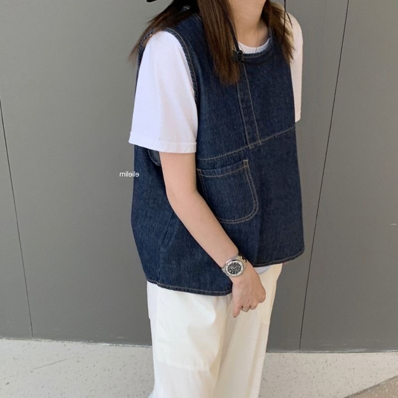 เสื้อยีนแขนกุด คอกลม ทรงหลวม แบบเรียบง่าย แฟชั่นเรโทร สไตล์เกาหลี สําหรับผู้หญิง