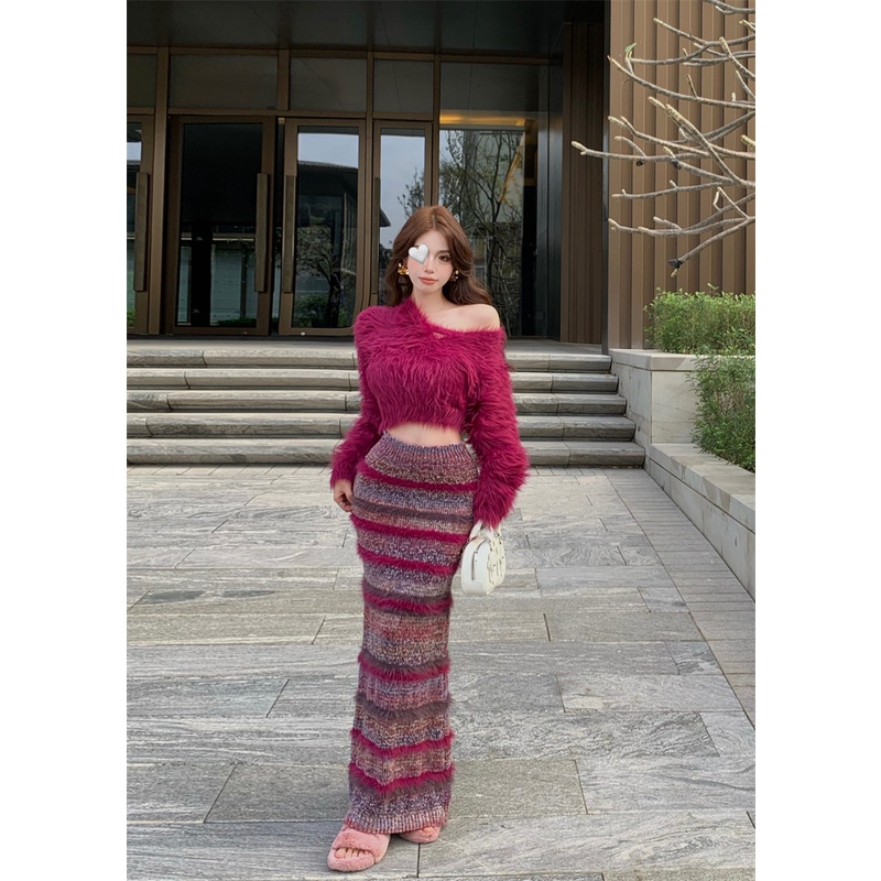 Liasynn เสื้อกันหนาว ผ้าถัก ขนเฟอร์นิ่ม และกระโปรงยาวระดับกลาง เอวสูง สีตัดกัน