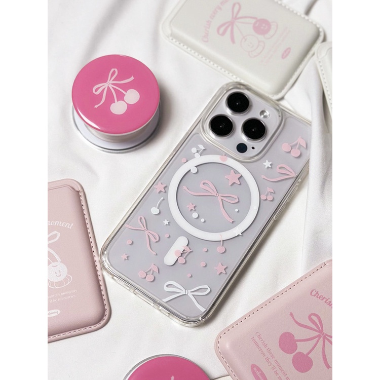 เคสโทรศัพท์มือถือหนัง แบบใส ประดับโบว์เชอร์รี่ มีช่องใส่บัตรชาร์จไร้สาย สําหรับ 15pro 13pro 14promax 11 12 14 XSMAX