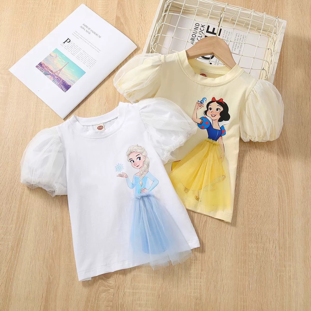 2-7ปีเด็กหญิงเสื้อเอลซาตาข่ายลูกไม้แขนสั้นเจ้าหญิงท็อปส์เด็กทารกหิมะสีขาวเสื้อยืด บลูส ทนกว่า