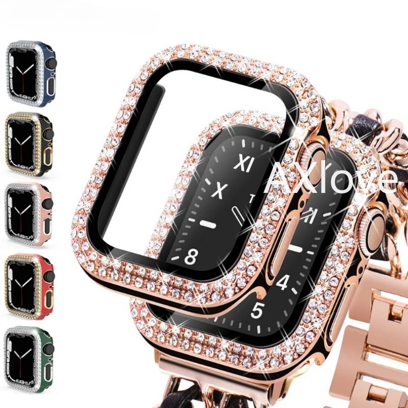 เคสป้องกันหน้าจอ และฟิล์มกระจกกันชน ประดับเพชร สําหรับ Apple Watch 45 มม. 41 มม. 40 มม. 44 มม. 38 มม. iWatch Series 9 8 7 6 Se 5 4 3 2 1