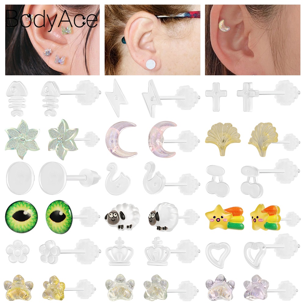 Bodyace ต่างหูสตั๊ด อะคริลิคเรซิ่น รูปดวงจันทร์ ดอกไม้ ป้องกันอาการแพ้ มองไม่เห็น 1 คู่