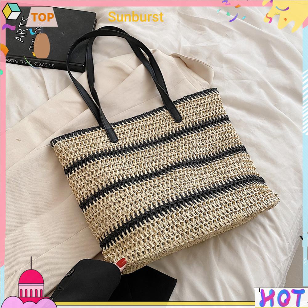 [Sunburst11.th] กระเป๋าสะพายไหล่ กระเป๋าถือ ฟางสาน ลายทาง เหมาะกับการพกพาเดินทาง ไปชายหาด แฟชั่นฤดูร้อน สําหรับสตรี