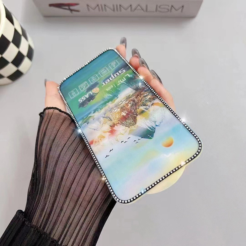 ฟิล์มกระจกนิรภัยกันรอยหน้าจอ เรืองแสง ประดับเพชร หรูหรา สําหรับ iPhone 12 12Pro 13 13Pro Max 15 15Pro 14 14Pro Max 15+ 14+