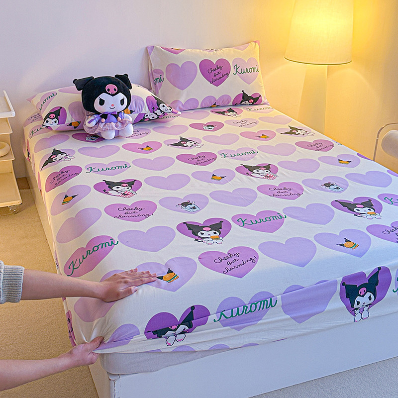 ผ้าปูที่นอน ผ้าฝ้าย 100% พิมพ์ลายการ์ตูน Kuromi Cadar Pochacco Kitty สีหวาน สําหรับเตียงเดี่ยว ควีนไซซ์ คิงไซซ์