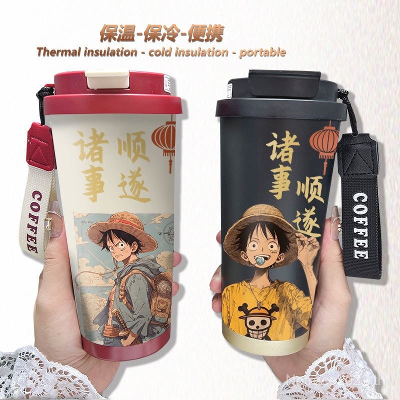 ★One Piece★ แก้วกาแฟสไตล์อนิเมะลูฟี่ แก้วเก็บความเย็นสำหรับสำนักงาน แก้วสแตนเลสพกพาสำหรับเดินทาง