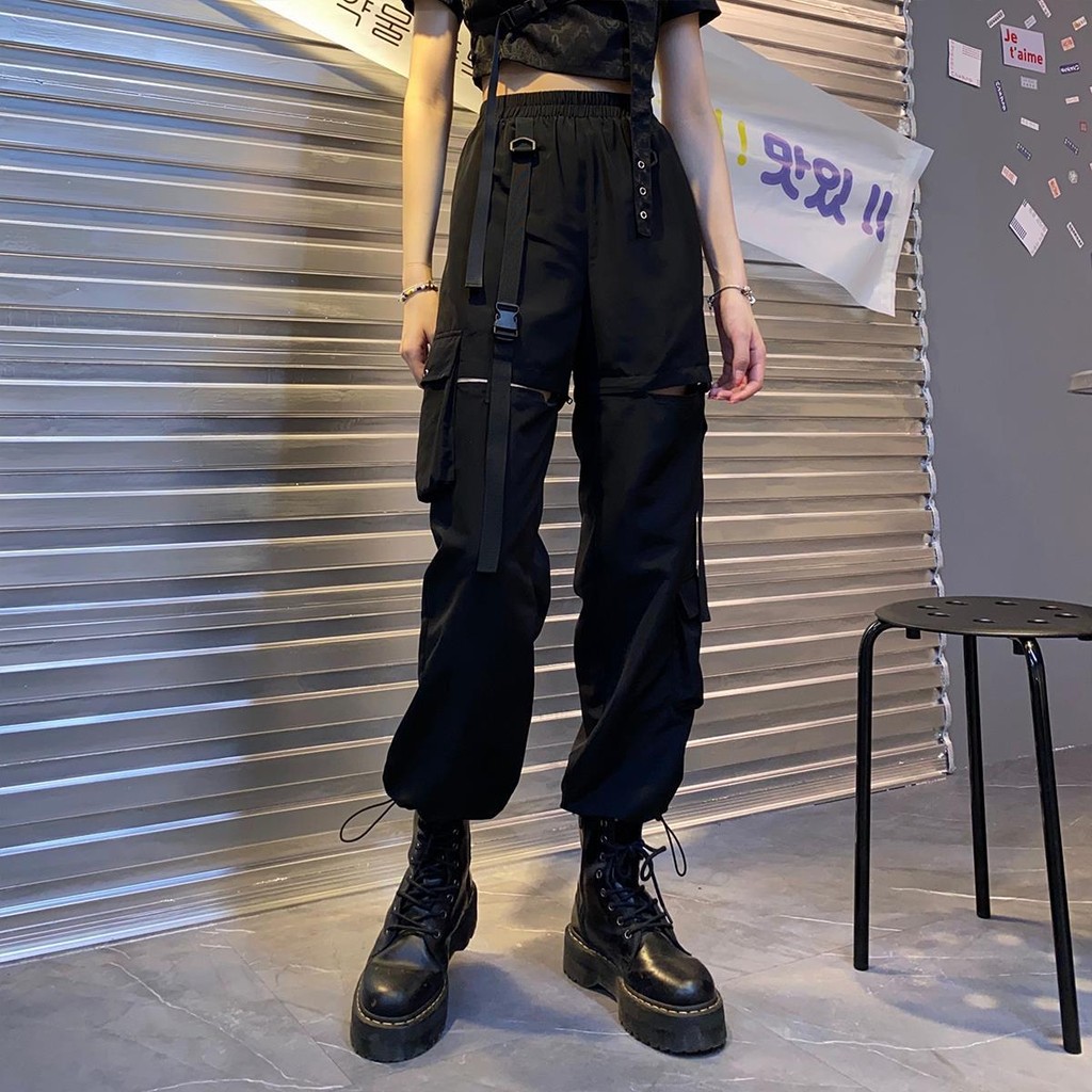 คุณภาพสูงสไตล์ใหม่ 2023 สไตล์ใหม่สีดําเอวสูงนักเรียนหลวม Slimmer ดูที่ถอดออกได้ตรง-ขา Tie-Leg O