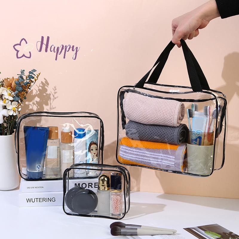 <Happybay> กระเป๋าเครื่องสําอางใส PVC ผู้หญิงซิปกระเป๋าแต่งหน้าใสกรณีความงาม Travel Make Up Organizer Storage Bath Toiletry Wash Bag ลดราคา
