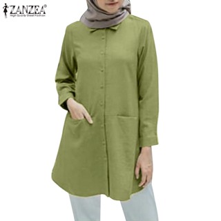 Zanzea เสื้อเชิ้ต แขนยาว มีกระเป๋า สีพื้น สําหรับผู้หญิงชาวมุสลิม