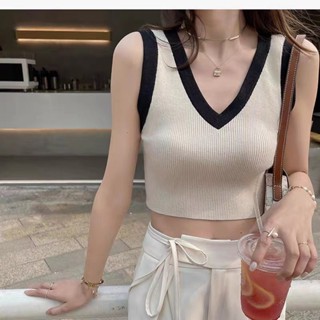 เสื้อสายเดี่ยว คอวี ตัวสั้น สีคอนทราสต์ สไตล์อเมริกันเรโทร สําหรับผู้หญิง NEV5