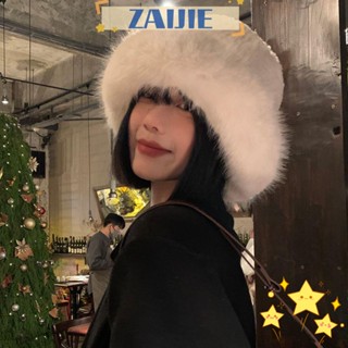 Zaijie24 หมวกบักเก็ต ผ้าวูล แบบหนา ขนปุย ป้องกันความหนาว ให้ความอบอุ่น สีขาว สําหรับผู้หญิง