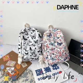 Daphne กระเป๋าเป้สะพายหลัง ผ้าไนล่อน พิมพ์ลายผีเสื้อ แบบพกพา ไม่มีจี้ห้อย สําหรับนักเรียนหญิง