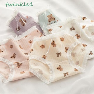 Twinkle1 กางเกงชั้นใน เอวกลาง แต่งลูกไม้ ลายการ์ตูนหมี สีพื้น สําหรับผู้หญิง