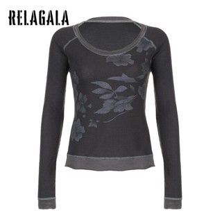 Relagala ใหม่ เสื้อยืดลําลอง แขนสั้น คอกลม พิมพ์ลาย สีเข้ม สําหรับสตรี 2023