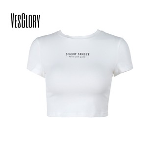 Vesglory เสื้อครอปท็อป คอกลม แขนสั้น พิมพ์ลาย สีพื้น ทรงสลิมฟิต แฟชั่นสําหรับผู้หญิง 2023