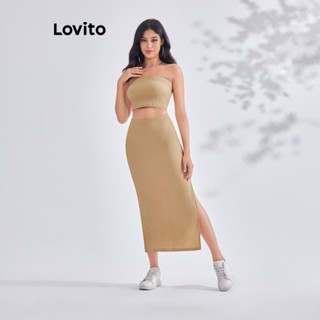 Lovito ชุดกระโปรงลําลอง ผ่าหน้า แบบเรียบ สําหรับผู้หญิง LBE03038 (สีน้ําตาล)