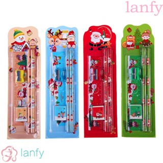 Lanfy ชุดเครื่องเขียน ไม้บรรทัด ยางลบ กบเหลาดินสอ ลายต้นคริสต์มาส สโนว์แมน สร้างสรรค์ อุปกรณ์การเรียน