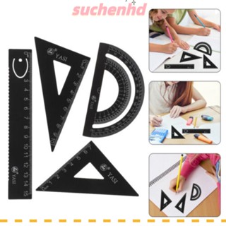 Suchenhd ชุดเครื่องมือเรขาคณิตคณิตศาสตร์ ไม้โปรแทรกเตอร์ อลูมิเนียมอัลลอย ทรงสี่เหลี่ยม แบบพกพา สําหรับเด็กนักเรียน 4 ชิ้น ต่อชุด