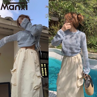 Manxi เสื้อแฟชั่นผู้หญิง เสื้อแขนยาว คลุม ไหมพรม ครอปเสื้อแขนยาว 36Z230908