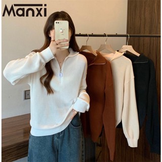 Manxi เสื้อแฟชั่นผู้หญิง เสื้อแขนยาว คลุม ไหมพรม ครอปเสื้อแขนยาว 36Z230908