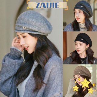 Zaijie24 หมวกเบเร่ต์ หมวกบีนนี่ ผ้าขนสัตว์ถัก สีเบจ สีดํา แฟชั่นฤดูหนาว อบอุ่น สําหรับผู้หญิง