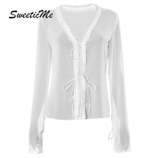 Sweeticme ใหม่ เสื้อเชิ้ตลําลอง แขนยาว คอวี ทรงหลวม สีพื้น เซ็กซี่ แฟชั่นสําหรับสตรี 2023