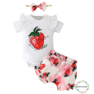 Babyclothes- ชุดรอมเปอร์ แขนสั้น คอกลม พิมพ์ลายตัวอักษร สตรอเบอร์รี่ กีวี่ฟรุ๊ต กางเกงขาสั้น ที่คาดผม 3 ชิ้น สําหรับเด็ก