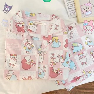 SANRIO ชุดนอน เสื้อคาร์ดิแกน แขนยาว กางเกงขายาว ลายซานริโอน่ารัก สไตล์เกาหลี แฟชั่นฤดูใบไม้ผลิ และฤดูใบไม้ร่วง สําหรับนักเรียนผู้หญิง