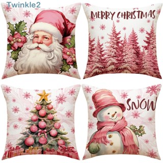 Twinkle ปลอกหมอนผ้าลินิน ลายซานตาคลอส กวาง คริสต์มาส สีชมพู ขนาด 45*45 ซม. สําหรับตกแต่งบ้าน