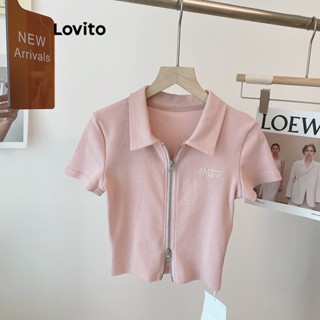 Lovito เสื้อยืดลําลอง มีซิป ปักลาย สําหรับผู้หญิง LNE16045 (สีชมพู)