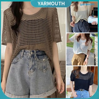 Yyr-- เสื้อยืดแขนสั้น คอกลม ผ้าถัก กันแดด สีพื้น สําหรับผู้หญิง