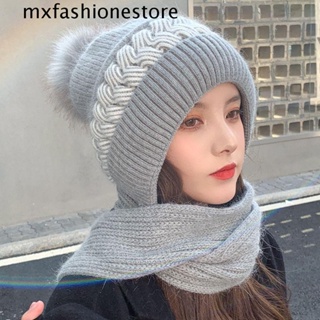 Mxfashione หมวกถัก ผ้าพันคอ ผ้ากํามะหยี่ขนนิ่ม แบบหนา ป้องกันหู สีพื้น แฟชั่นฤดูหนาว สําหรับผู้หญิง