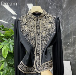 Elegant niche design heavy work embroidery stand collar long sleeve heavy silk imitation mulberry silk shirt for women