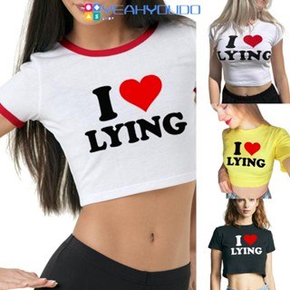 Yesyoudo เสื้อยืด แขนสั้น พิมพ์ลายตัวอักษร I Love Lying สําหรับผู้หญิง