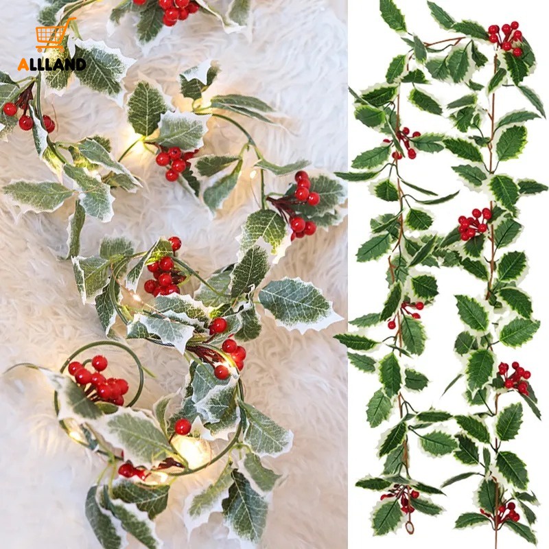 [Xmas Favorite] พวงมาลัยดอกไม้ประดิษฐ์ ใบเบอร์รี่สีแดง สีเขียว สําหรับแขวนตกแต่งคริสต์มาส ปีใหม่