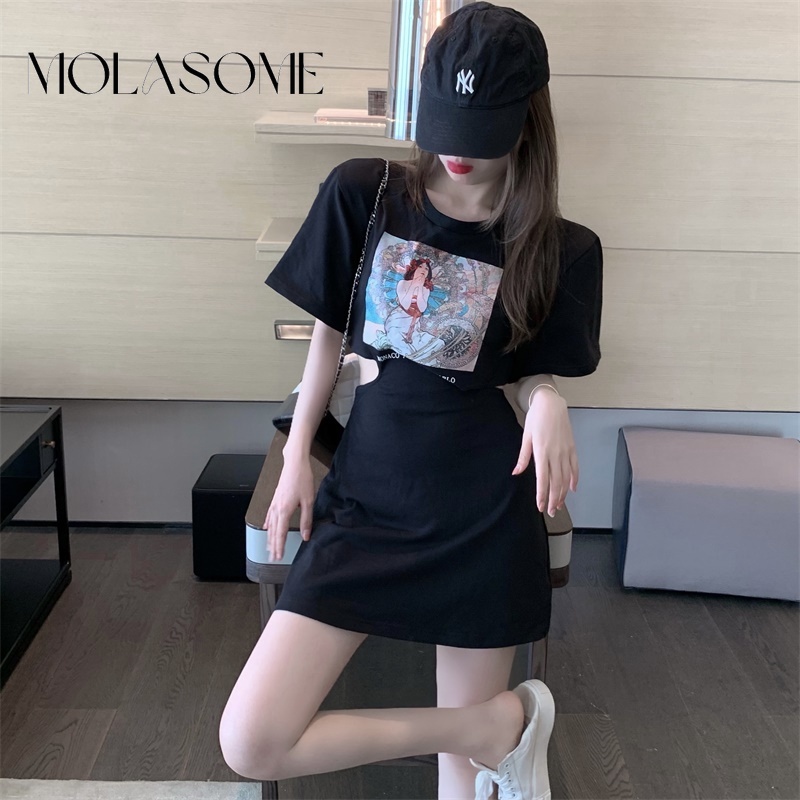 Molasome ชุดมินิเดรส แขนสั้น พิมพ์ลาย สีพื้น ทรงสลิมฟิต แฟชั่นสําหรับผู้หญิง 2023