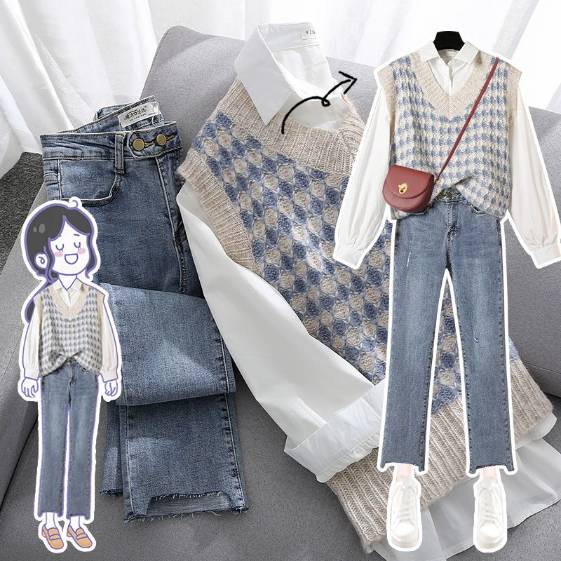 พร้อมส่ง ชุดเซท3ชิ้น เสื้อกั๊กถัก+เสื้อเชิ้ตสีขาว+ยีนส์ น่ารักมากก แฟชั่นสไตล์เกาหลี